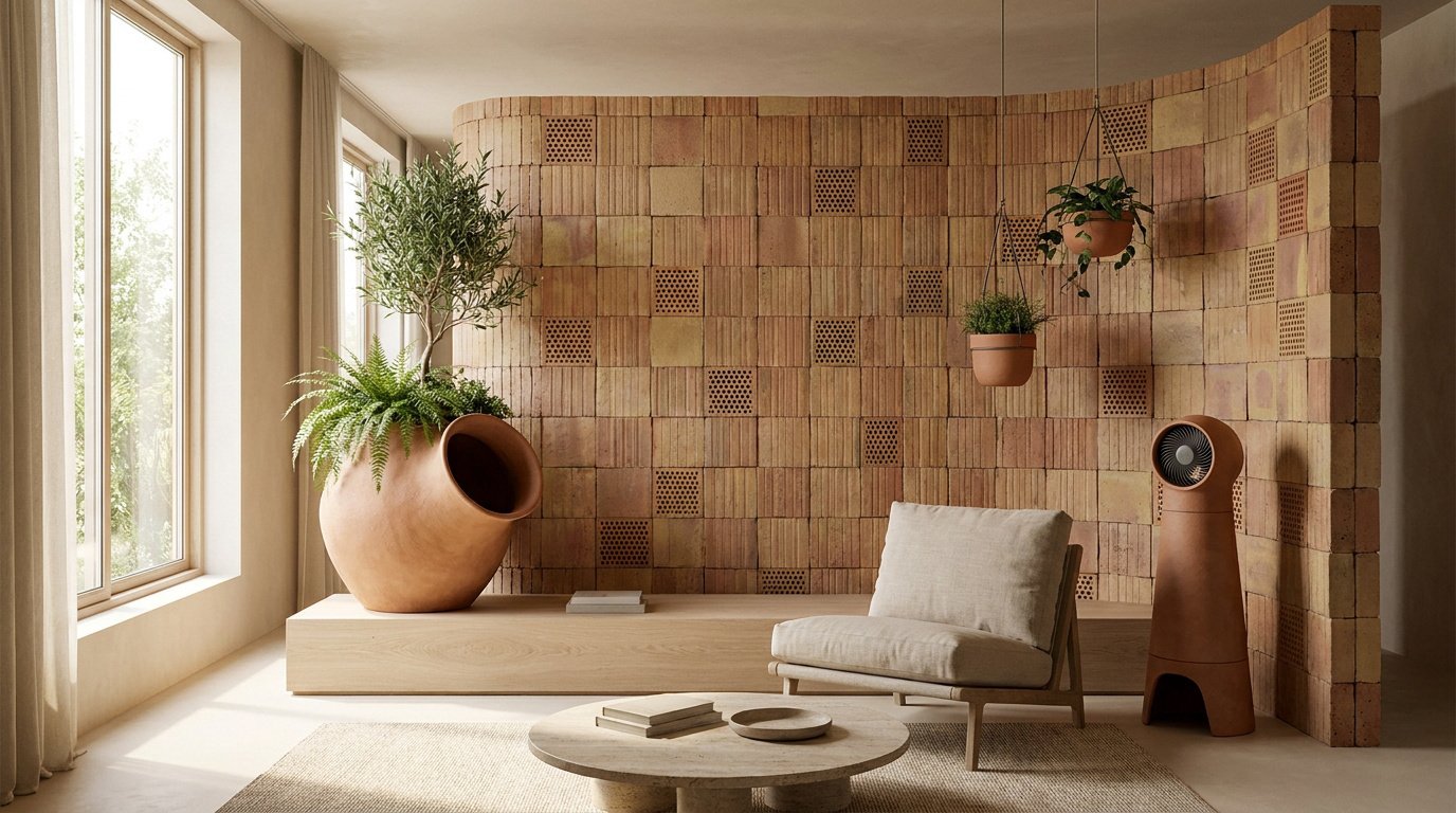 Salon moderne avec mur en briques de terre cuite, plantes et un ventilateur design en terre cuite.